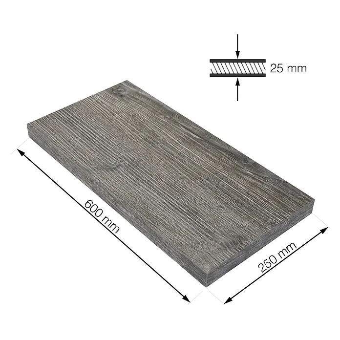 Walteco Rusticline Einlegeboden Tube - L x B x H: 60 x 25 x 2,5 cm, Holz, Farbe: Eiche - Regalbrett aus Holz mit den Maßen 600 mm x 250 mm und einer Dicke von 25 mm.