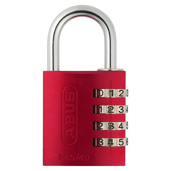 Abus Vorhängezahlenschloss Lock-Tag 145/40 - Bügelstärke: 6 mm, Sicherheitsstufe: 4, Rot, Anzahl Zahlenrollen: 4 Stk. - Rotes ABUS 145/40 Zahlenschloss mit vier Kombinationsrädern und einem silbernen Bügel zum Sichern von Wertsachen.