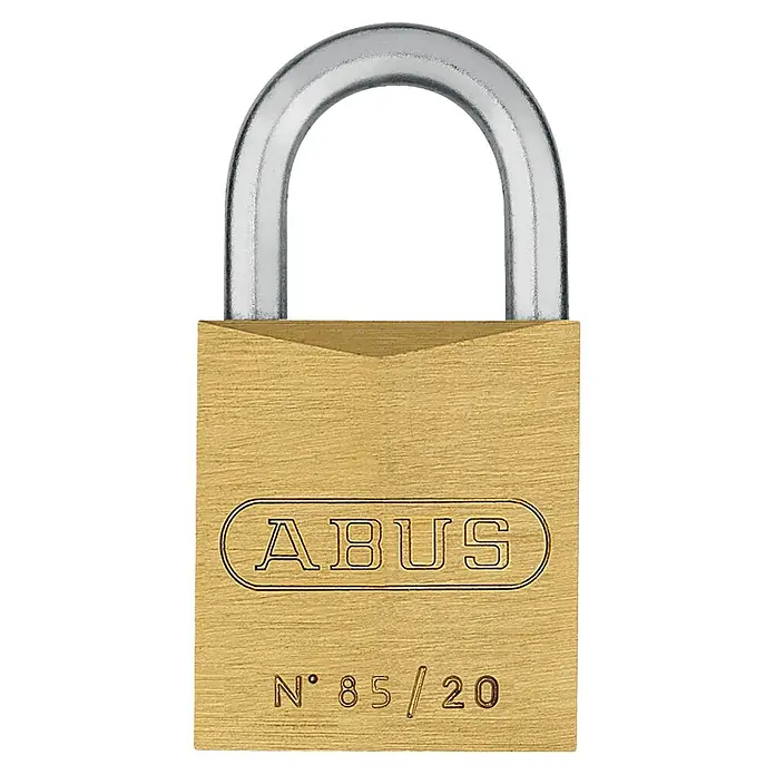Abus Vorhängeschloss 85/20 Gleichschließend - B x H: 21 x 39 mm, Bügelstärke: 3 mm, Messing - Abbildung eines ABUS Vorhängeschlosses 85/20 aus Messing mit einem silbernen Bügel, ideal für die Sicherung von Wertsachen.
