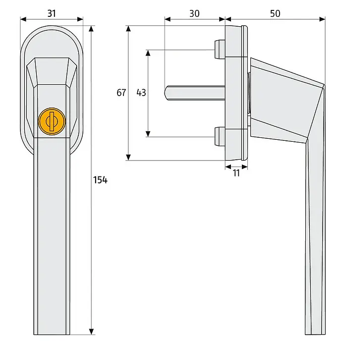 Abus Fenstergriff FG 110 Gleichschließend - Braun, Abschließbar, Abschließbar - Technische Zeichnung eines abschließbaren Fenstergriffs mit Maßangaben.