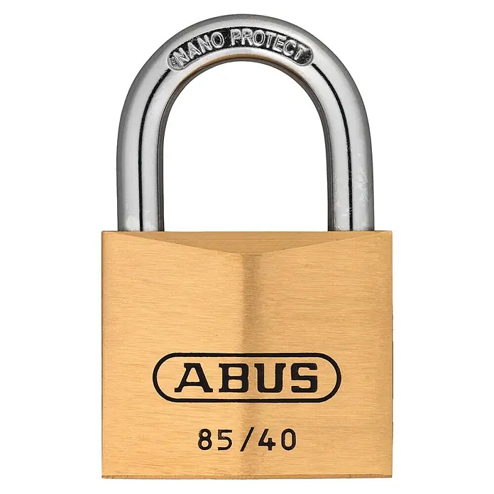 Abus Vorhängeschloss 85/40 Gleichschließend - B x H: 40 x 62 mm, Bügelstärke: 6,5 mm, Messing - Nahaufnahme eines ABUS 85/40 Vorhängeschlosses mit Nano Protect Beschichtung, ideal für den Schutz von Wertsachen.