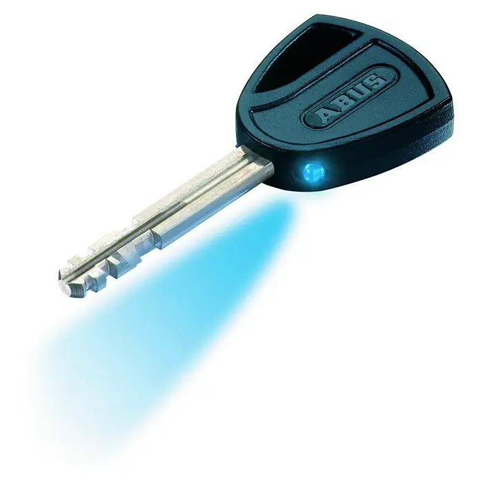 Abus Vorhängeschloss Granit 37/55 Gleichschließend - Bügelstärke: 11 mm, Material Bügel: Gehärteter Spezialstahl - Schlüssel von ABUS mit blauem Licht. Der Schlüsselbart ist silbern, der Griff schwarz.