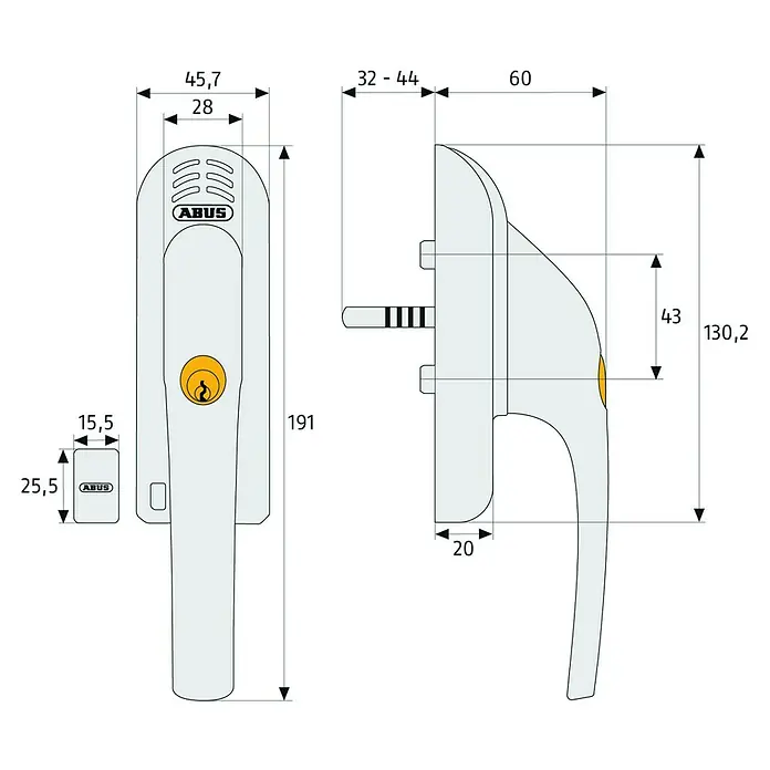 Abus Alarm-Fenstergriff FG300 - Silber - Abus Fenstergriff mit Maßen: Ein detailliertes Diagramm zeigt die Abmessungen des Fenstergriffs von Abus, inklusive Höhe, Breite und Tiefe.
