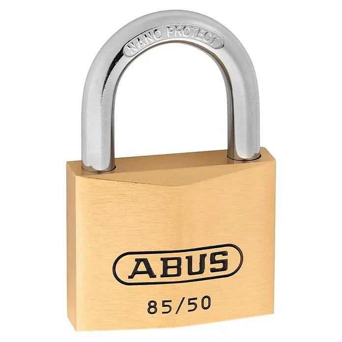 Abus Vorhängeschloss 85/50 Gleichschließend - B x H: 50 x 77 mm, Bügelstärke: 8 mm, Messing - Nahaufnahme eines ABUS 85/50 Vorhängeschlosses, das Sicherheit und Schutz bietet.