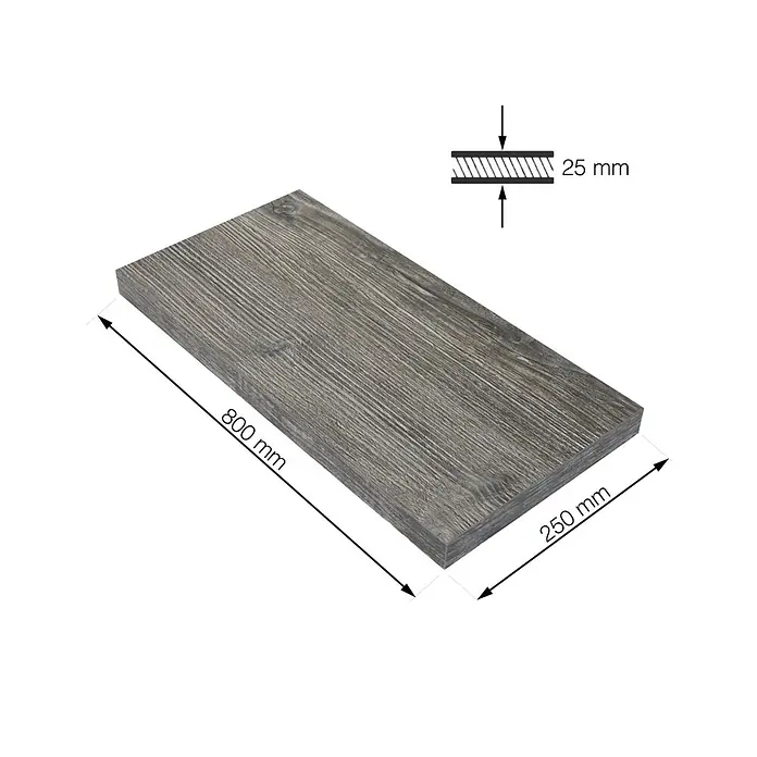 Walteco Rusticline Einlegeboden Tube - L x B x H: 80 x 25 x 2,5 cm, Holz, Farbe: Eiche - Produktansicht eines Holzbretts mit den Maßen 800 mm Länge, 250 mm Breite und 25 mm Dicke, ideal für Heimwerkerprojekte und Möbelbau.