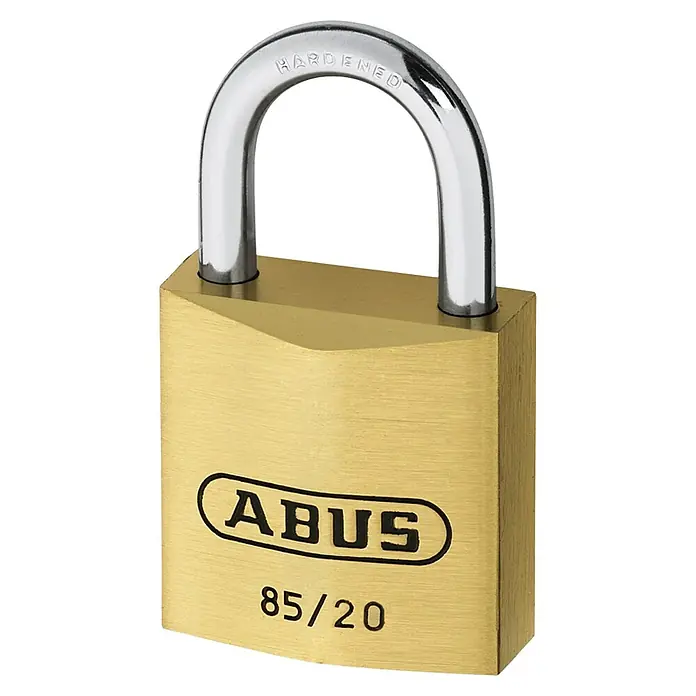 Abus Vorhängeschloss 85/20 Gleichschließend - B x H: 21 x 39 mm, Bügelstärke: 3 mm, Messing - Nahaufnahme eines ABUS 85/20 Messing-Vorhängeschlosses mit gehärtetem Stahlbügel, ideal für grundlegende Sicherheitsanforderungen.