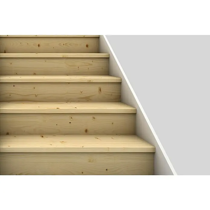 Tablero de madera laminada - Abeto rojo, Nivel de calidad del tablero de madera laminada: B/C, 80 x 20 x 1,8 cm - Primer plano de una escalera de madera con escalones de madera clara y una barandilla blanca contra una pared gris.