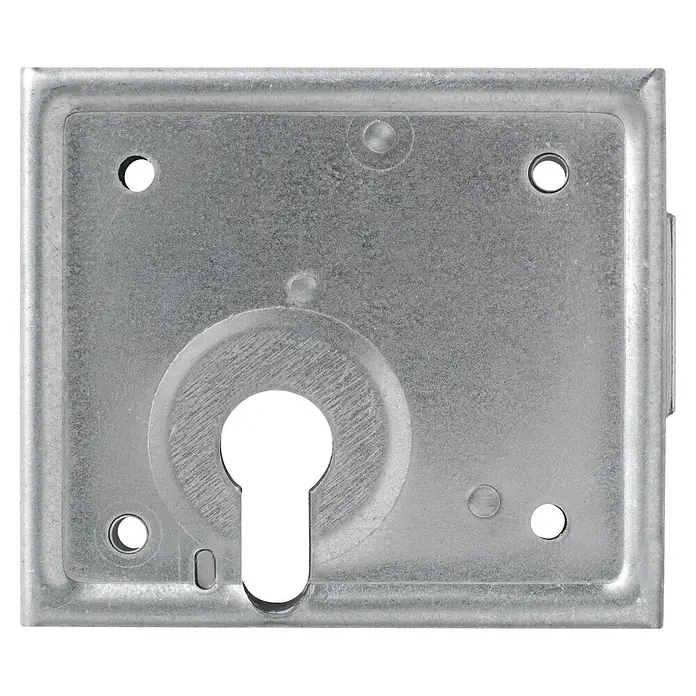 Abus Aufschraub-Riegelschloss ASS PZ - Silber, L x B x H: 87 x 100 x 16 mm - Nahaufnahme einer silberfarbenen Schlossfalle, die ihre mechanische Konstruktion und das Design für die Türsicherheit zeigt.