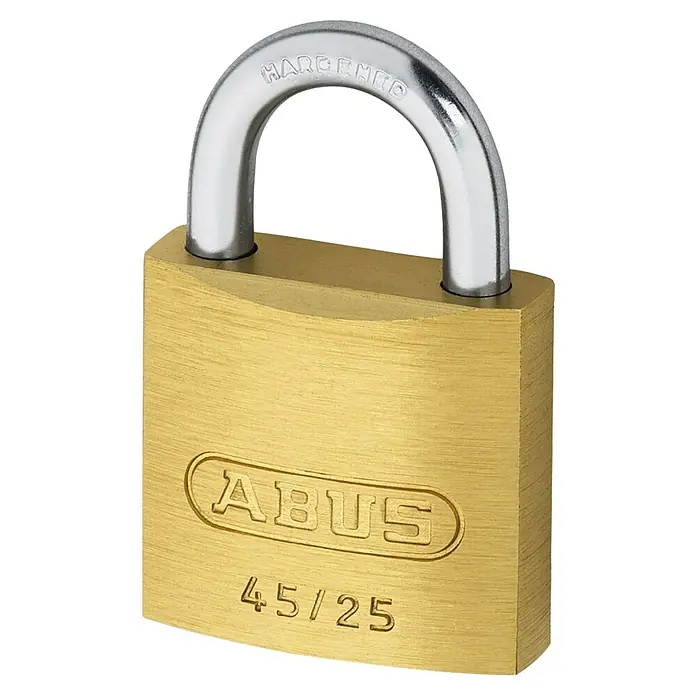 Abus Vorhängeschloss 45/25 - B x H: 24,5 x 38,5 mm, Bügelstärke: 4 mm, Messing, Anzahl Schlüssel: 2 Stk. - Nahaufnahme eines ABUS 45/25 Messing-Vorhängeschlosses mit gehärtetem Bügel, ideal für die Sicherung von Wertsachen.