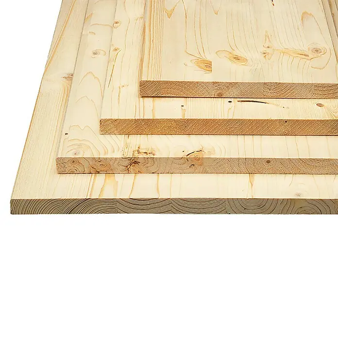 Tablero de madera laminada - Abeto rojo, Nivel de calidad del tablero de madera laminada: B/C, 200 x 20 x 1,8 cm - Una pila de tablones de madera sin tratar, perfecta para proyectos de bricolaje y construcción. Las tablas muestran vetas naturales y nudos.