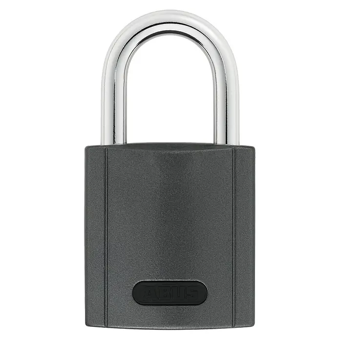 Abus Vorhängezahlenschloss 158/50 - B x L: 52 x 23 mm, Zinkdruckguss, Anzahl Zahlenrollen: 5 Stk., Anthrazit - Nahaufnahme eines ABUS-Vorhängeschlosses mit grauem Korpus und silberfarbenem Bügel. Ideal für Sicherheit.