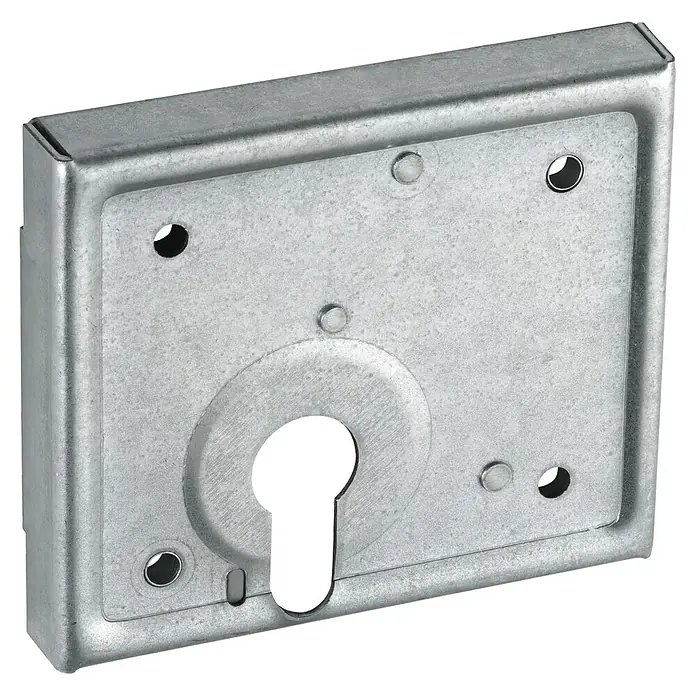 Abus Aufschraub-Riegelschloss ASS PZ - Silber, L x B x H: 87 x 100 x 16 mm - Ein detailreiches Bild eines silbernen Einsteckschlosses, das die komplexe Konstruktion und die glänzende Oberfläche hervorhebt.
