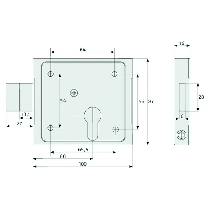 Abus Aufschraub-Riegelschloss ASS PZ - Silber, L x B x H: 87 x 100 x 16 mm - Technische Zeichnung eines Kastenschlosses mit allen Maßangaben.