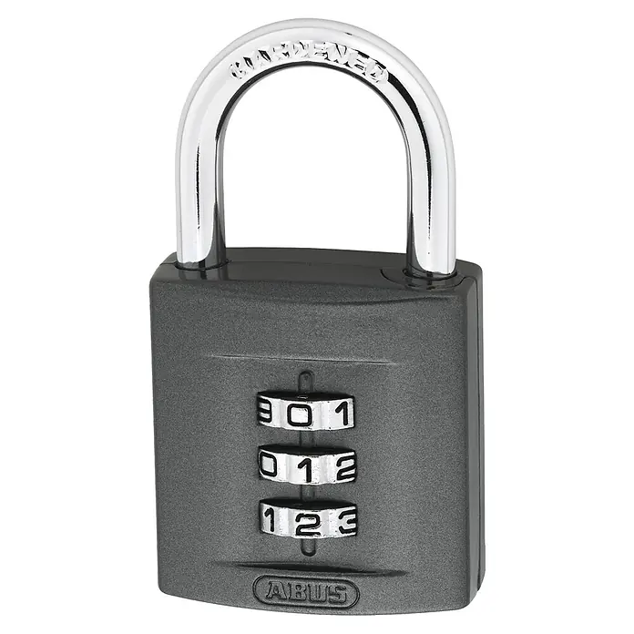 Abus Vorhängezahlenschloss 158/50 - B x L: 52 x 23 mm, Zinkdruckguss, Anzahl Zahlenrollen: 5 Stk., Anthrazit - ABUS Zahlenschloss mit dreistelliger Zahlenkombination und robustem, gehärtetem Stahlbügel für erhöhte Sicherheit. Ideal für den Innen- und Außenbereich.