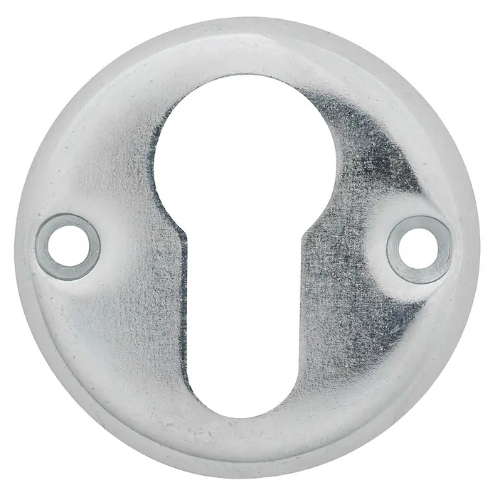 Abus Aufschraub-Riegelschloss ASS PZ - Silber, L x B x H: 87 x 100 x 16 mm - Nahaufnahme einer runden, silbernen Schlüssellochblende mit zwei Befestigungslöchern auf schwarzem Hintergrund.