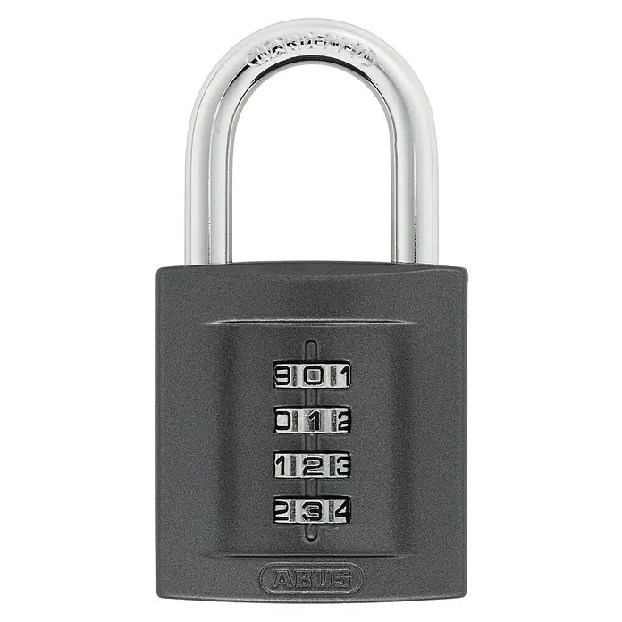 Abus Vorhängezahlenschloss 158/50 - B x L: 52 x 23 mm, Zinkdruckguss, Anzahl Zahlenrollen: 5 Stk., Anthrazit - Das Bild zeigt ein ABUS Zahlenschloss mit einem vierstelligen Zahlencode und einem silbernen Bügel auf einem schwarzen Hintergrund.