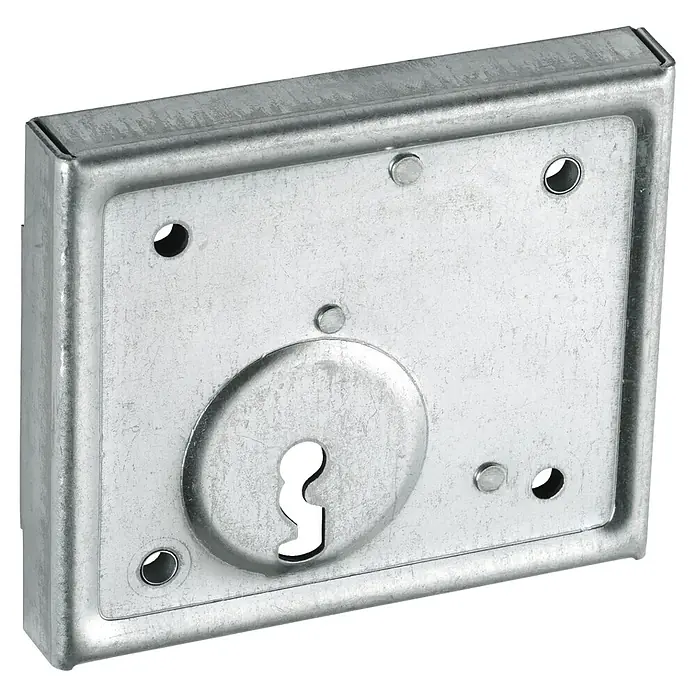 Abus Aufschraub-Riegelschloss ASS BB - Silber, L x B x H: 87 x 100 x 16 mm - Nahaufnahme eines Kastenschlosses aus Metall mit Schlüsselloch und mehreren Befestigungslöchern.