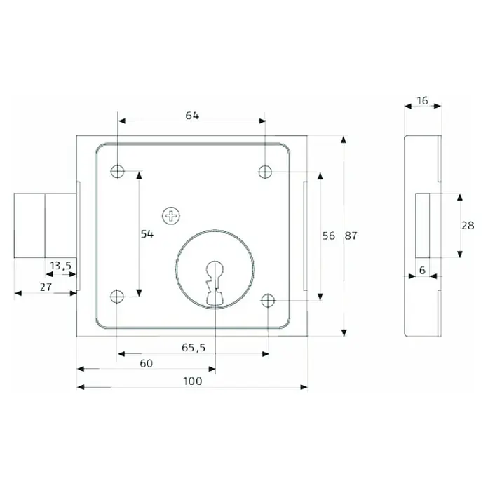 Abus Aufschraub-Riegelschloss ASS BB - Silber, L x B x H: 87 x 100 x 17 mm - Technische Zeichnung eines Möbelschlosses mit Maßangaben für Design und Installation.