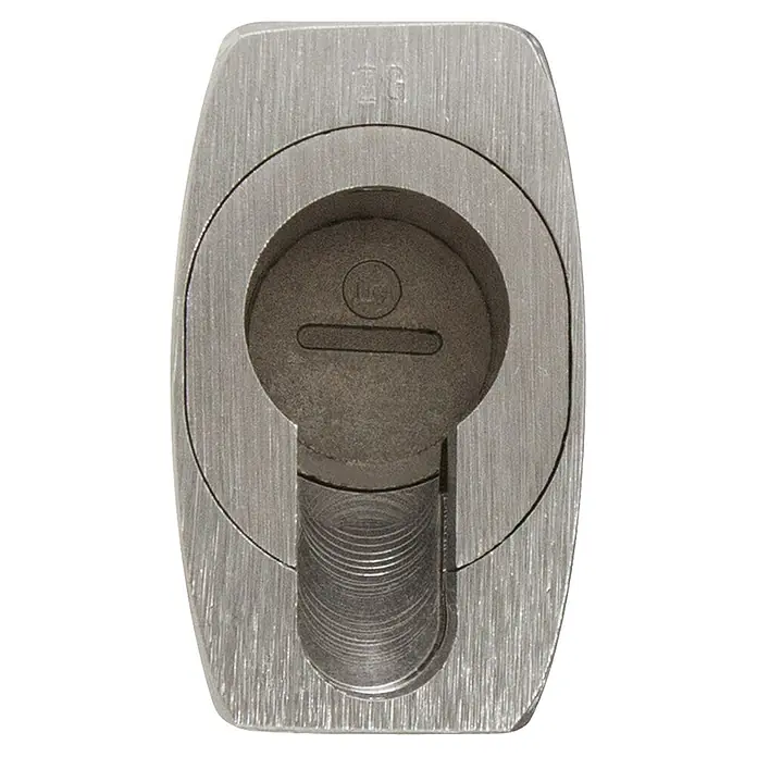 Abus Vorhängeschloss Titalium 86TI/45 - B x H: 46,5 x 96,5 mm, Bügelstärke: 8 mm, Titalium-Spezialaluminium - Nahaufnahme eines silberfarbenen Yale-Schließzylinders mit deutlicher Textur und einer Schlüssellochöffnung.