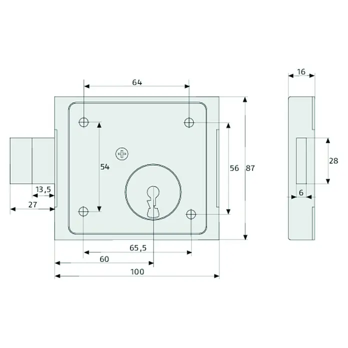 Abus Aufschraub-Riegelschloss ASS BB - Silber, L x B x H: 87 x 100 x 16 mm - Technische Zeichnung eines Möbelschlosses mit Maßen. Detailreiche Ansicht zur Veranschaulichung der Abmessungen und Konstruktion.