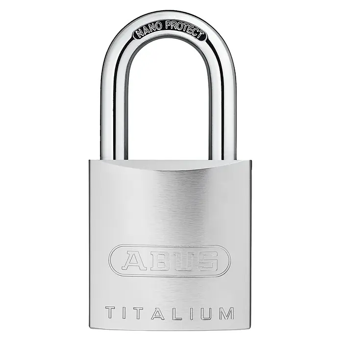Abus Vorhängeschloss Titalium 86TI/45 - B x H: 46,5 x 96,5 mm, Bügelstärke: 8 mm, Titalium-Spezialaluminium - Nahaufnahme eines ABUS TITALIUM Vorhängeschlosses mit NANO PROTECT Bügel für erhöhten Schutz und Haltbarkeit.