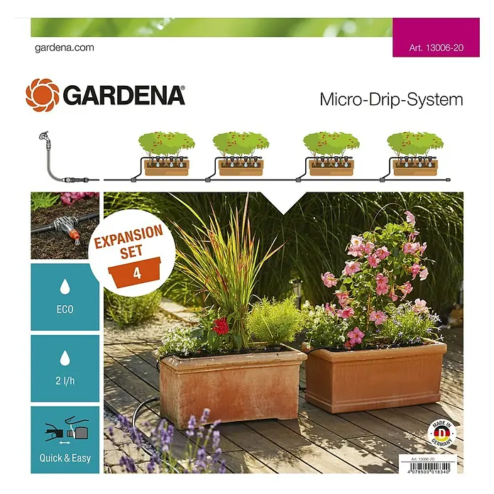 Gardena Micro-Drip Erweiterungs-Set - Passend für: 4 Pflanztröge, Gardena Micro-Drip Starter Set Pflanztöpfe M automatic, 20 -tlg. - GARDENA Micro-Drip-System Erweiterungsset für 4 Pflanzgefäße zur sparsamen und gezielten Bewässerung von Topfpflanzen auf Balkon und Terrasse.