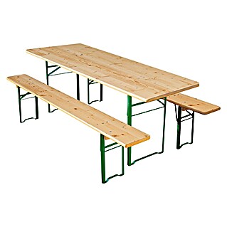 Sunfun Bierzeltgarnitur (3 -tlg., Nadelholz/Stahl, Klappbar, Naturbraun/Grün, Tisch (L x B x H): 220 x 50 x 77 cm, Bank (B x T x H): 220 x 25 x 49 cm, Ohne Rückenlehne)