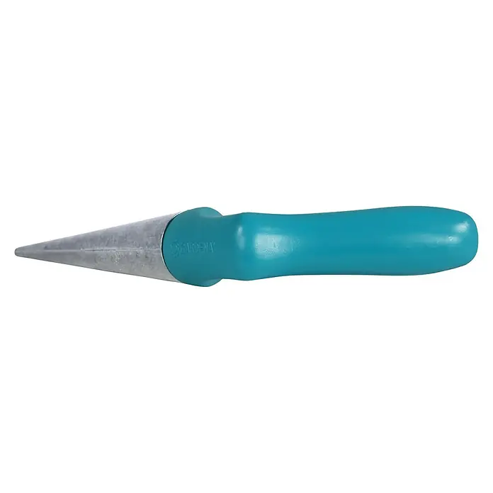 Gardena Pflanzholz - Länge: 19,5 cm, Metall - Nahaufnahme eines Gardena-Bodenlockerers mit blauem Griff und silberner Spitze zum Auflockern von Erde im Garten.