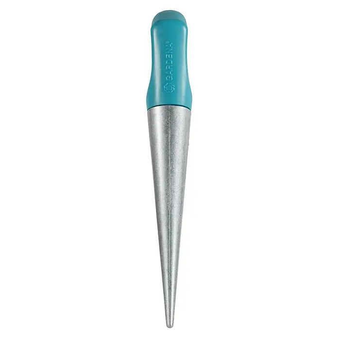 Gardena Pflanzholz - Länge: 19,5 cm, Metall - Das Bild zeigt einen Gardena Pflanzlochbohrer mit einem blauen Griff und einem silbernen Bohrkopf. Perfekt für präzise Pflanzarbeiten im Garten.