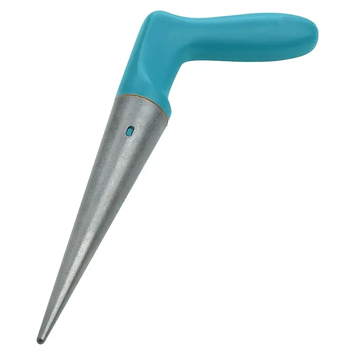 Gardena Pflanzholz - Länge: 19,5 cm, Metall - Nahaufnahme eines blauen Handtuchhalters mit einem konischen Metallende, das für ein elegantes und modernes Badezimmerdesign sorgt.