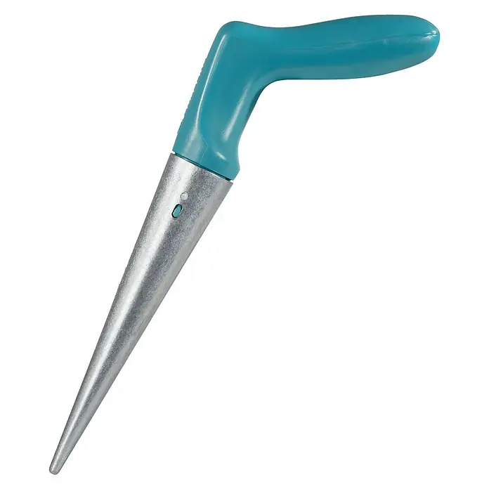 Gardena Pflanzholz - Länge: 19,5 cm, Metall - Nahaufnahme eines blauen Zwiebelpflanzers mit silberner Spitze auf schwarzem Hintergrund.