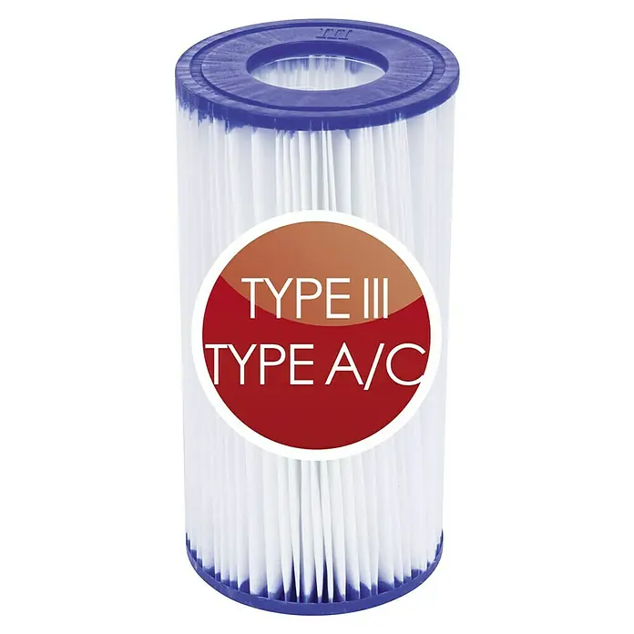 Bestway Filterkartusche Gr. III - Ø x H: 10,6 x 20,3 cm - Ein runder, blauer Poolfilter vom Typ III/A/C mit weißen Filterlamellen, der für sauberes Poolwasser sorgt.