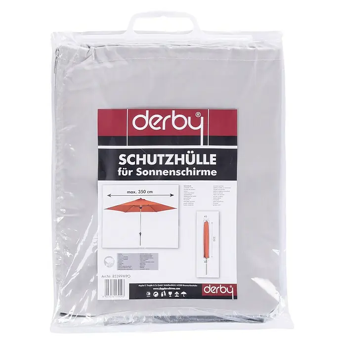 Derby Schirm-Schutzhülle - Kunststoff, Passend für: Sonnenschirme bis 250 cm - Produktbild einer Derby Schutzhülle für Sonnenschirme, max. 350 cm, verpackt in einer transparenten Schutzhülle mit Tragegriff.