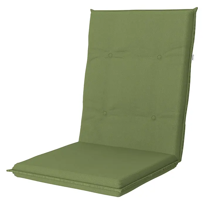 Doppler Gartenmöbel-Auflage Star - Mittellehner, Grün, L x B x H: 110 x 48 x 6 cm, Dralon - Ein olivgrünes Stuhlkissen mit hoher Rückenlehne und Knopfdetails, ideal für bequemes Sitzen im Garten oder auf der Terrasse.