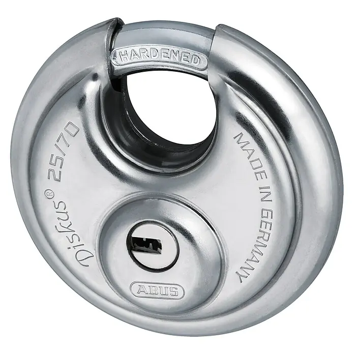 Abus Diskusschloss 25/70 Gleichschließend - B x H: 70 x 70 mm, Bügelstärke: 10 mm, Edelstahl - Nahaufnahme eines silbernen ABUS Diskus-Vorhängeschlosses mit der Aufschrift "Made in Germany" und "Hardened".