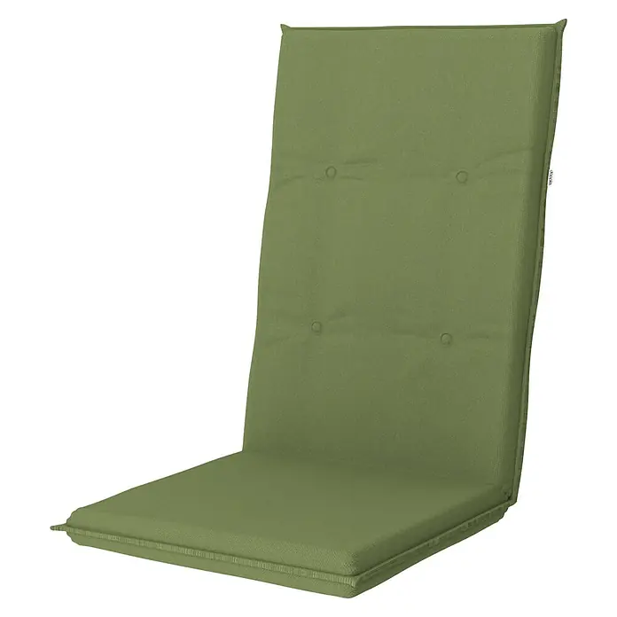 Doppler Gartenmöbel-Auflage Star - Hochlehner, Grün, L x B x H: 119 x 48 x 6 cm, Dralon - Hier sehen wir ein bequemes, olivgrünes Sitzkissen mit Rückenlehne, das ideal für Gartenmöbel ist und Entspannung im Freien bietet.