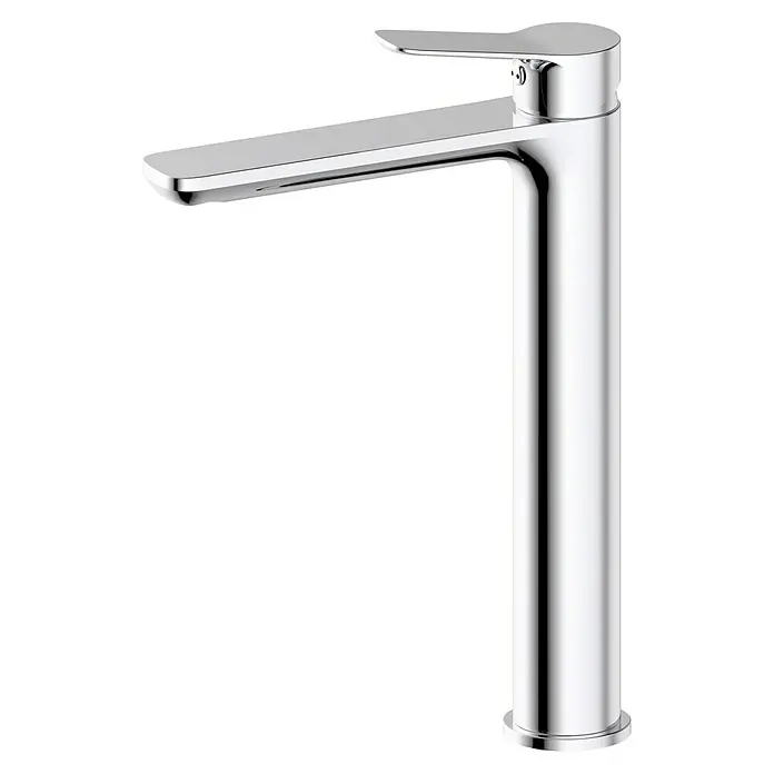 IO Rhio Grifo de lavabo alto - Cromo - Un moderno grifo de baño cromado con un elegante caño y una manija de palanca para facilitar su uso.