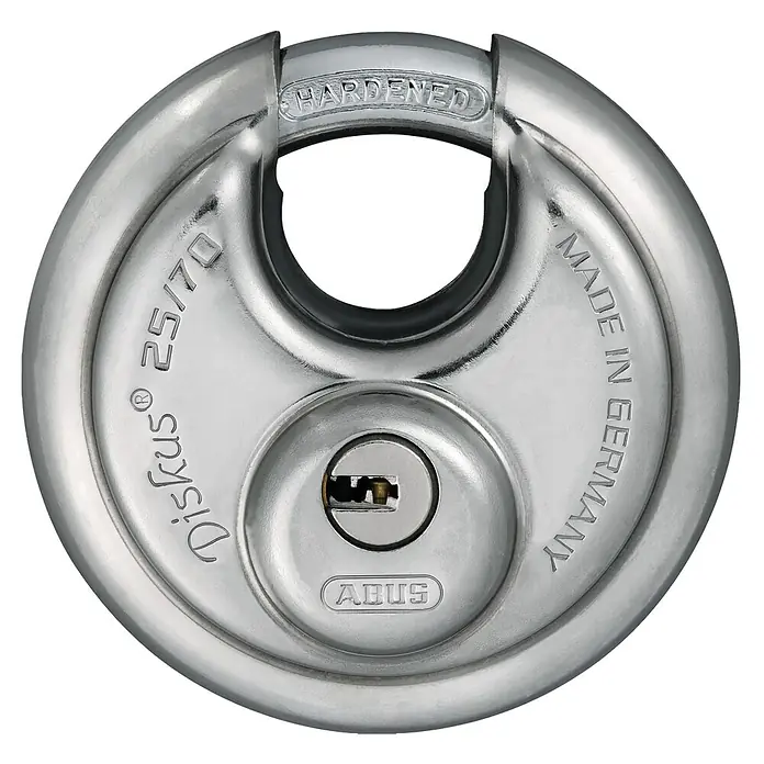 Abus Diskusschloss 25/70 Gleichschließend - B x H: 70 x 70 mm, Bügelstärke: 10 mm, Edelstahl - Abus Diskus 25/70 Vorhängeschloss aus gehärtetem Stahl, hergestellt in Deutschland, für hohe Sicherheit.