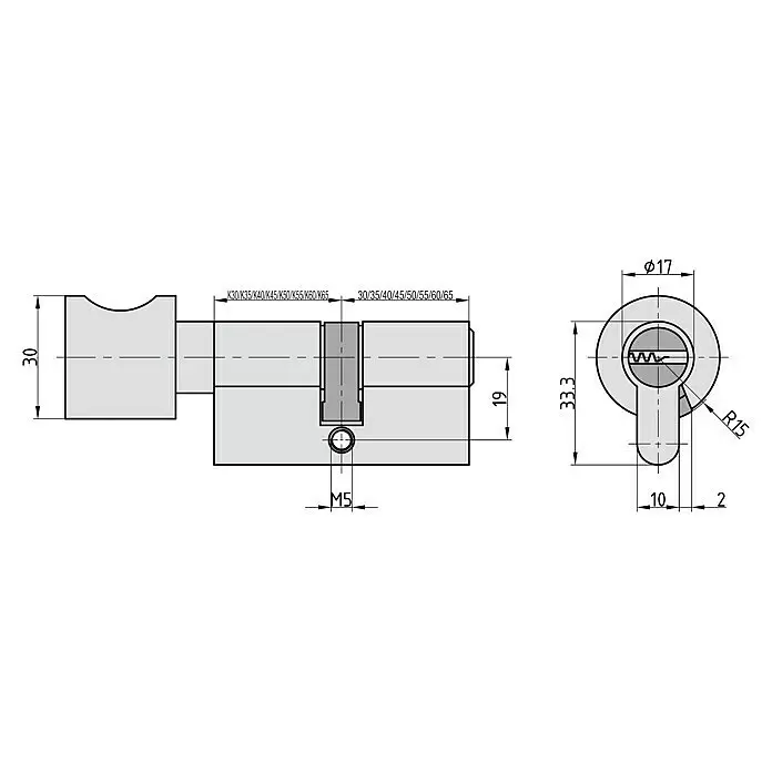 Basi Knaufzylinder BM - Baulänge innen: 40 mm, Baulänge außen: 45 mm, Material Zylinder: Messing, Bohrmuldenschlüssel - Technische Zeichnung eines grauen Doppel-Profilzylinders mit verschiedenen Längenoptionen (z.B. K30-K65, 30-65) und Maßen.