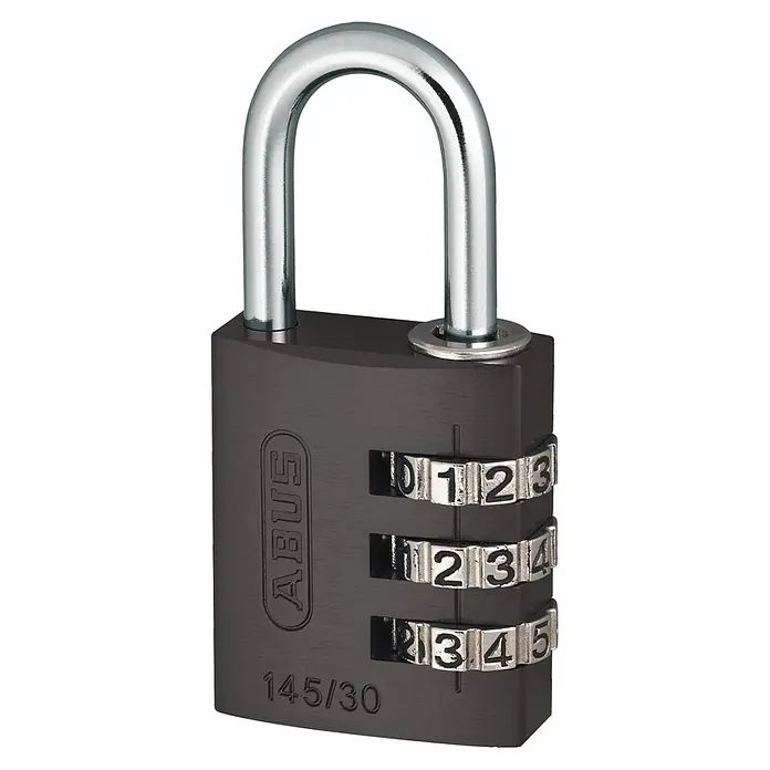Abus Vorhängezahlenschloss Lock-Tag 145/30 - Bügelstärke: 5 mm, Titanium, Anzahl Zahlenrollen: 3 Stk. - Das Bild zeigt ein ABUS 145/30 Zahlenschloss in Schwarz mit einem silbernen Bügel. Das Vorhängeschloss ist robust und sicher.