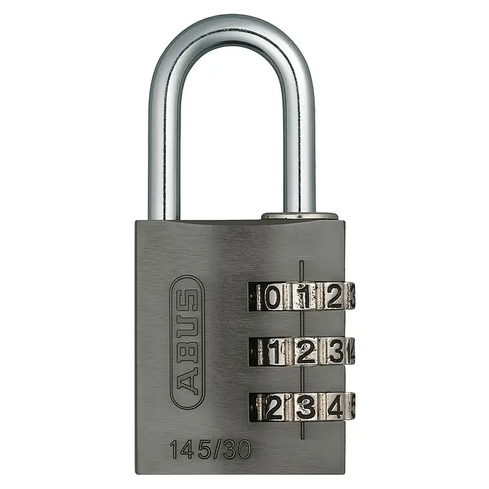Abus Vorhängezahlenschloss Lock-Tag 145/30 - Bügelstärke: 5 mm, Titanium, Anzahl Zahlenrollen: 3 Stk. - Das Bild zeigt ein ABUS 145/30 Zahlenschloss mit einem silberfarbenen Bügel und einem dreistelligen Zahlencode.