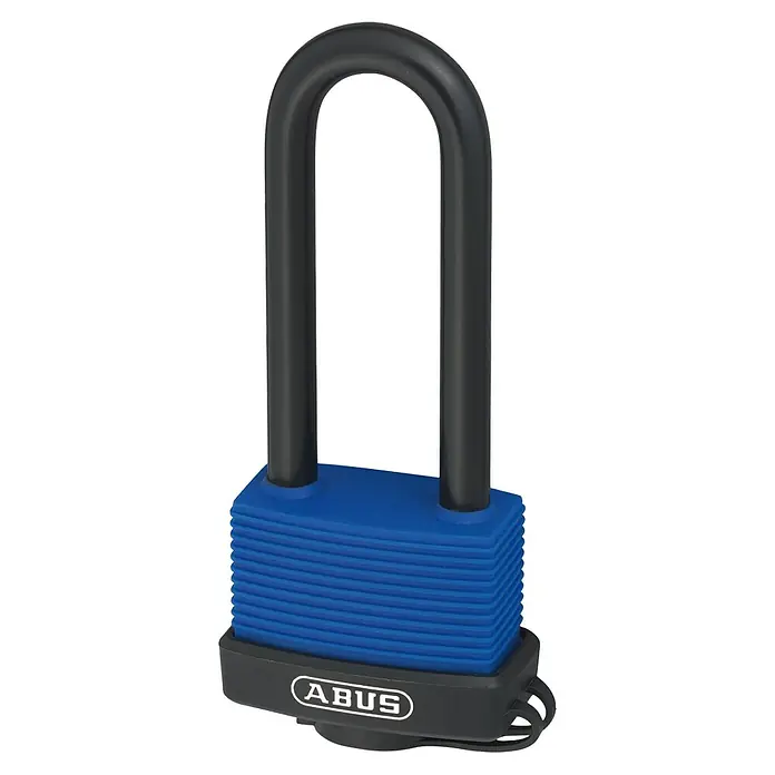 Abus Vorhangschloss Aqua Safe 70IB/45 HB63 Gleichschließend - B x H: 49 x 112 mm, Bügelstärke: 8 mm, Messing - Ein ABUS Bügelschloss in Blau und Schwarz. Das Schloss ist robust und bietet hohen Schutz gegen Diebstahl. Ideal für Fahrräder und andere Wertgegenstände.