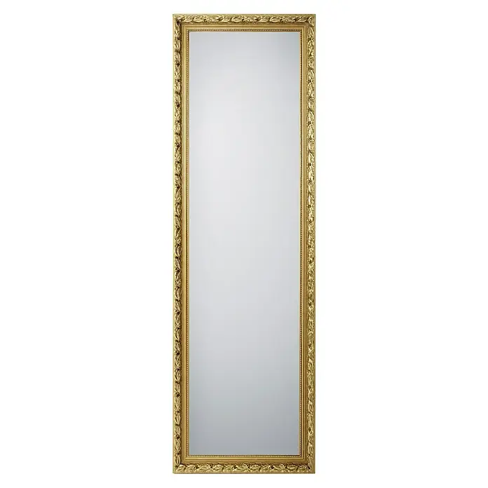 Rahmenspiegel Tanja - 50 x 150 cm, Gold, Holz - Ein beeindruckender, goldfarbener Spiegel mit aufwendigem Blattmuster-Rahmen, der Eleganz und Stil in jeden Raum bringt.