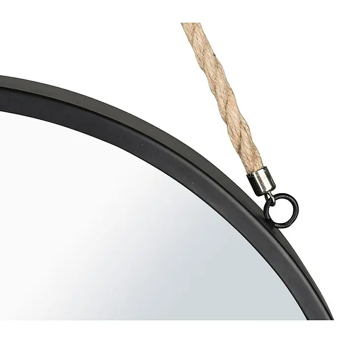 Wandspiegel Taira - Durchmesser: 40 cm, Schwarz - Nahaufnahme eines runden Spiegels mit schwarzem Rahmen und einem Aufhängeseil aus Naturfasern.