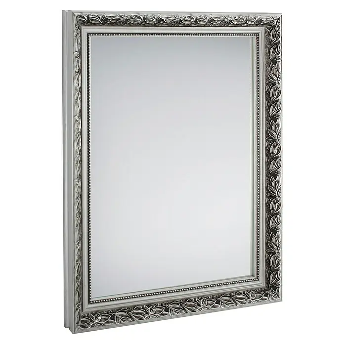 Rahmenspiegel Tanja - 55 x 70 cm, Silber, Holz - Silberner Spiegel mit detailreichem, ornamentiertem Rahmen. Perfekt, um jedem Raum einen Hauch von Eleganz und Stil zu verleihen.