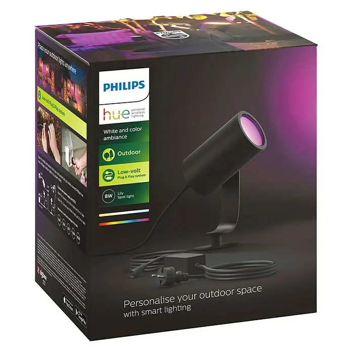 Philips Hue LED-Gartenspot Lily - 8 W, Anthrazit, IP65 - Nahaufnahme der Verpackung eines Philips Hue Lily Outdoor-Spotlights, das intelligentes Licht für den Außenbereich bietet.