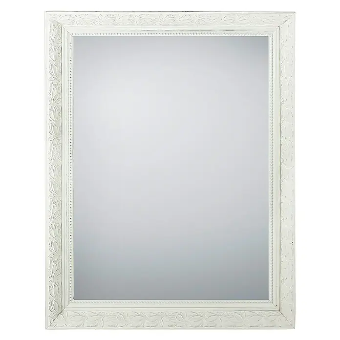 Rahmenspiegel Tanja - 55 x 70 cm, Weiß, Holz - Elegantes weißer Spiegel mit einem filigranen Rahmenmuster, das jedem Raum einen Hauch von klassischer Schönheit verleiht.