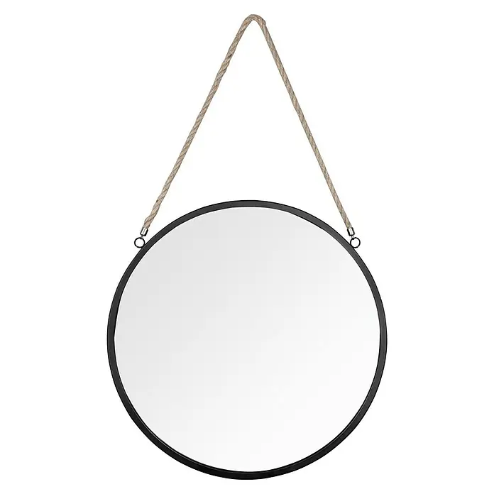 Wandspiegel Taira - Durchmesser: 40 cm, Schwarz - Runde Wandspiegel mit schwarzem Rahmen, aufgehängt an einem rustikalen Seil, ein dekoratives und funktionales Wohnaccessoire.