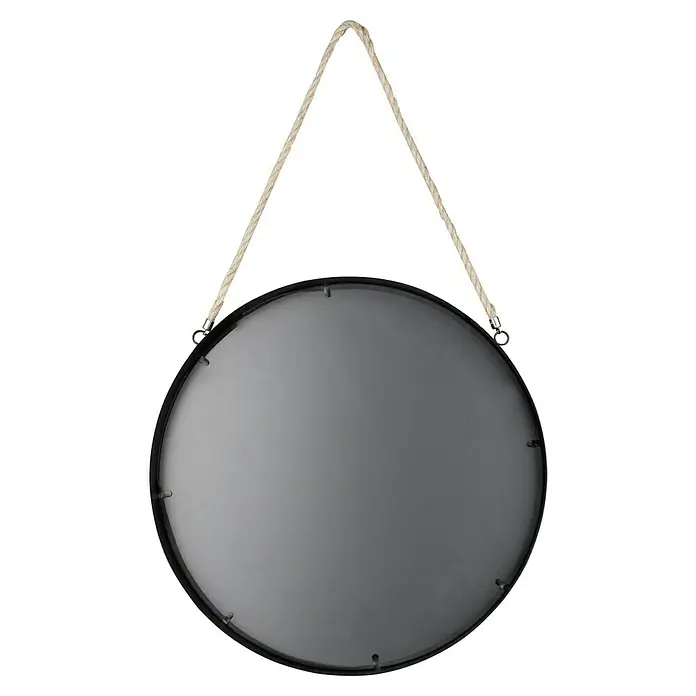 Wandspiegel Taira - Durchmesser: 40 cm, Schwarz - Ein kreisförmiger Spiegel mit einem dicken Seil zum Aufhängen, ideal für Badezimmer oder als dekoratives Element im Flur.