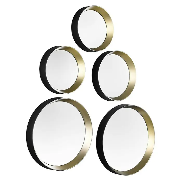 Wandspiegel Vivien - 5 -tlg., Schwarz-Gold - Fünf runde Spiegel mit goldenen Akzenten und schwarzem Rahmen, arrangiert in einer dekorativen Anordnung.